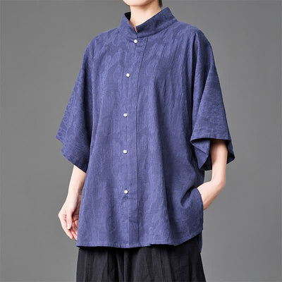 Buddha Stones Summer Minimalist Mandarin Collar Button-Up Solid Men's Three-Quarter Sleeve Shirts - Indigo - US/UK/AU46，EU56 (5XL) - image 0