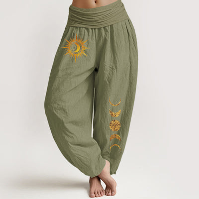 Buddha Stones Pure Cotton Gold Sun Moon Phases Pattern Women's Elastic Waist Harem Pants - OliveDrab - US16，UK/AU20，EU48 (3XL) - image 14