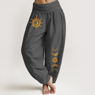 Buddha Stones Pure Cotton Gold Sun Moon Phases Pattern Women's Elastic Waist Harem Pants - DimGray - US16，UK/AU20，EU48 (3XL) - image 11