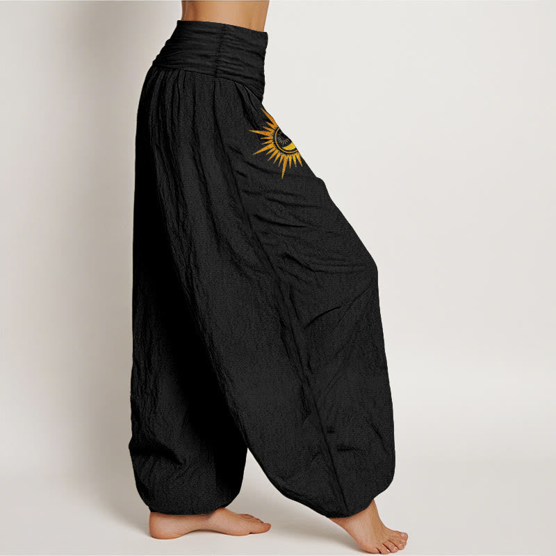 Buddha Stones Pure Cotton Gold Sun Moon Phases Pattern Women's Elastic Waist Harem Pants - image 1