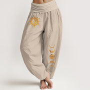 Foviel reine Baumwolle Gold Sonne Mond Phasen Muster Damen elastische Taille Harem Hose