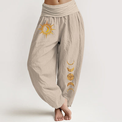 Buddha Stones Pure Cotton Gold Sun Moon Phases Pattern Women's Elastic Waist Harem Pants - Tan - US16，UK/AU20，EU48 (3XL) - image 5
