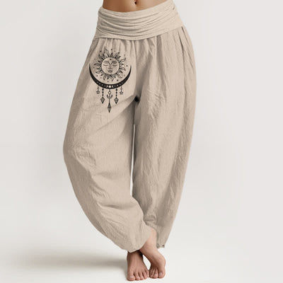 Buddha Stones Pure Cotton Sun Moon Star Tassel Pattern Women's Elastic Waist Harem Pants - Tan - US16，UK/AU20，EU48 (3XL) - image 0