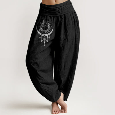 Buddha Stones Pure Cotton Sun Moon Star Tassel Pattern Women's Elastic Waist Harem Pants - Black - US16，UK/AU20，EU48 (3XL) - image 5
