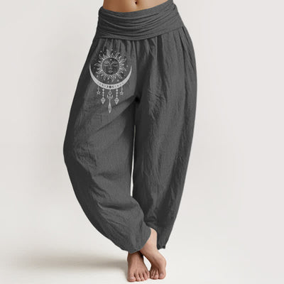 Buddha Stones Pure Cotton Sun Moon Star Tassel Pattern Women's Elastic Waist Harem Pants - DimGray - US16，UK/AU20，EU48 (3XL) - image 11