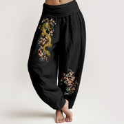 Foviel Pure Cotton Golden Dragon Pink Blossom Pattern Women's Elastic Waist Harem Pants