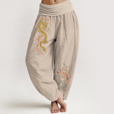 Buddha Stones Pure Cotton Golden Dragon Pink Blossom Pattern Women's Elastic Waist Harem Pants - Tan - US16，UK/AU20，EU48 (3XL) - image 5