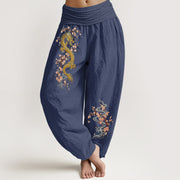 Foviel Pure Cotton Golden Dragon Pink Blossom Pattern Women's Elastic Waist Harem Pants