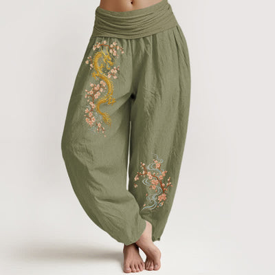 Buddha Stones Pure Cotton Golden Dragon Pink Blossom Pattern Women's Elastic Waist Harem Pants - OliveDrab - US16，UK/AU20，EU48 (3XL) - image 14
