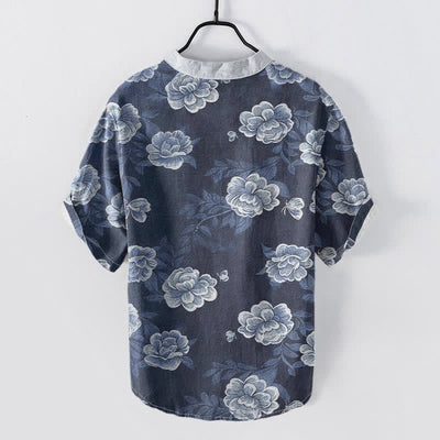 Buddha Stones Cotton Vintage Peony Bloom Pattern Men's Short Sleeve Half Button Shirt - image 1