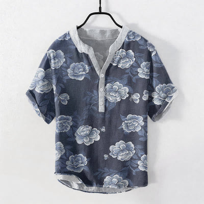 Buddha Stones Cotton Vintage Peony Bloom Pattern Men's Short Sleeve Half Button Shirt - SteelBlue - US/UK/AU50，EU60 (5XL) - image 0