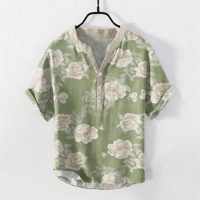 Buddha Stones Cotton Vintage Peony Bloom Pattern Men's Short Sleeve Half Button Shirt - PaleGreen - US/UK/AU50，EU60 (5XL) - image 5