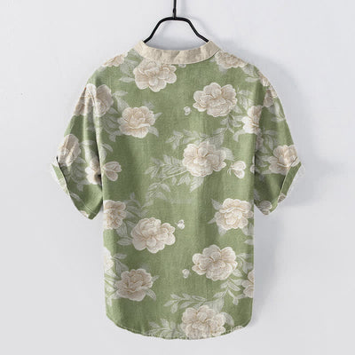 Buddha Stones Cotton Vintage Peony Bloom Pattern Men's Short Sleeve Half Button Shirt - image 6