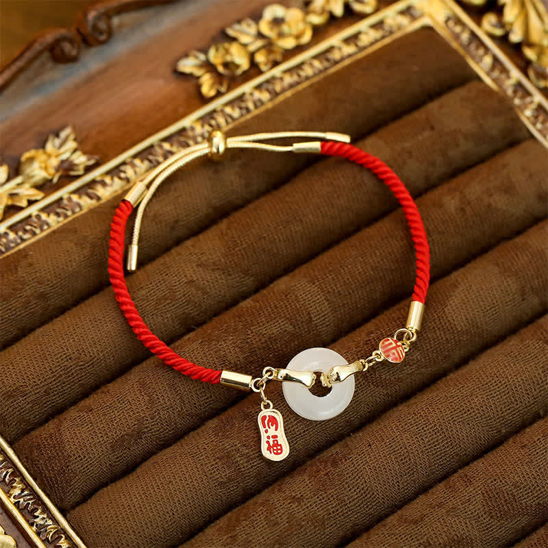 Buddha Stones White Jade Red String Fu Character Braided Blessing Bracelet - White Jade - image 0
