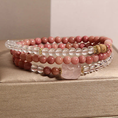 Buddha Stones Rhodonite Clear Quartz Rose Quartz PiXiu Triple Wrap Bracelet - image 2