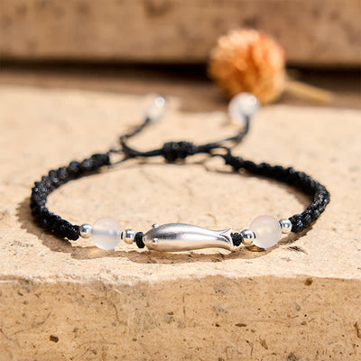 Buddha Stones 999 Sterling Silver Koi Fish White Agate Braided Rope Protection Bracelet - Koi fish(Wrist Circumference 14-18cm) - 999 Sterling Silver - image 0
