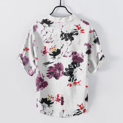 Buddha Stones Cotton Purple Watercolor Lotus Pattern Men's Short Sleeve Half Button Shirt - image 1
