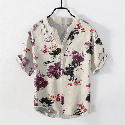 Buddha Stones Cotton Purple Watercolor Lotus Pattern Men's Short Sleeve Half Button Shirt - Linen - US/UK/AU50，EU60 (5XL) - image 3