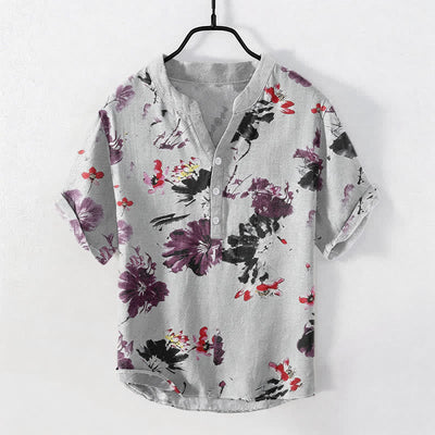 Buddha Stones Cotton Purple Watercolor Lotus Pattern Men's Short Sleeve Half Button Shirt - LightGrey - US/UK/AU50，EU60 (5XL) - image 5