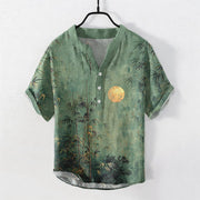 Foviel Cotton Ink Bamboo With Golden Moon Pattern Men's Short Sleeve Half Button Shirt