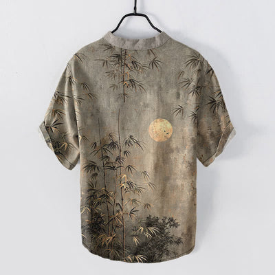 Buddha Stones Cotton Ink Bamboo With Golden Moon Pattern Men's Short Sleeve Half Button Shirt - image 6