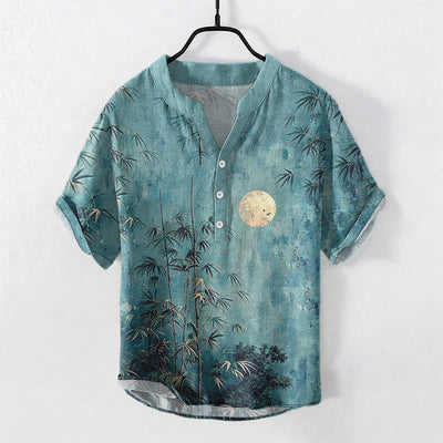 Buddha Stones Cotton Ink Bamboo With Golden Moon Pattern Men's Short Sleeve Half Button Shirt - Teal - US/UK/AU50，EU60 (5XL) - image 7