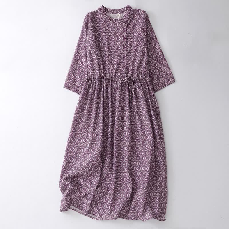 Buddha Stones Summer Drawstring Button-Up Floral Print Women's Short Sleeve Dress With Pockets - RebeccaPurple - US12，UK/AU16，EU44 (2XL) - image 0