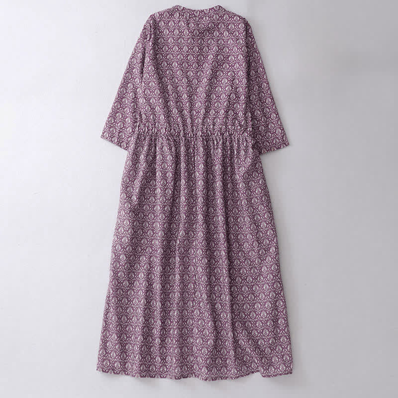 Buddha Stones Summer Drawstring Button-Up Floral Print Women's Short Sleeve Dress With Pockets - image 1