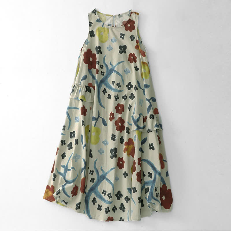 Buddha Stones Summer Washed Watercolor Floral Print Women's Sleeveless Dress - White - US14，UK/AU18，EU46 (2XL) - image 13