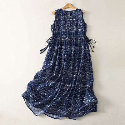 Buddha Stones Summer Boho Drawstring Ethnic Print Women's Summer Sleeveless Dress With Pockets - MidnightBlue - US12，UK/AU16，EU44 (2XL) - image 0