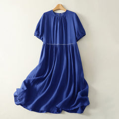 Buddha Stones Summer Minimalist Button-Up Solid Women's Short Sleeve Below Knee Dress With Pockets - RoyalBlue - US12，UK/AU16，EU44 (2XL) - image 0