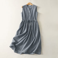Buddha Stones Summer Minimalist Button-Up Drawstring Striped Women's Sleeveless Dress - SlateGray - US12，UK/AU16，EU44 (2XL) - image 0