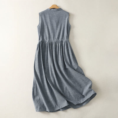 Buddha Stones Summer Minimalist Button-Up Drawstring Striped Women's Sleeveless Dress - image 1