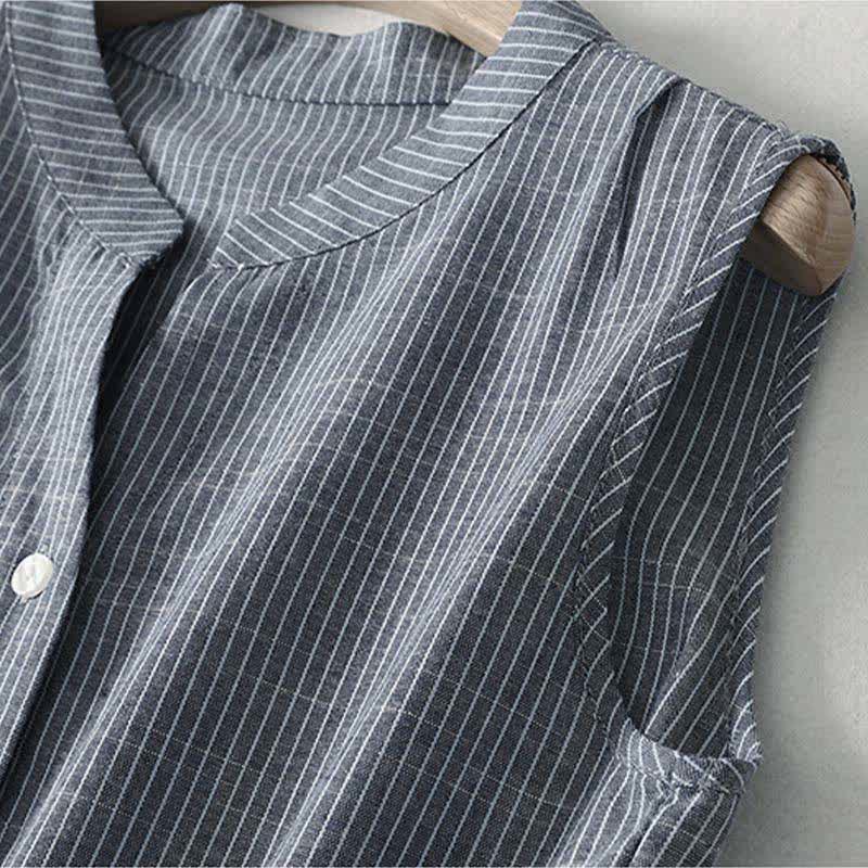 Buddha Stones Summer Minimalist Button-Up Drawstring Striped Women's Sleeveless Dress - image 4