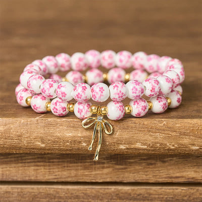 Buddha Stones Blue And White Pink Porcelain Beaded Bowknot Beaded Inner Peace Bracelet - Pink(Wrist Circumference:15-16cm) - image 6