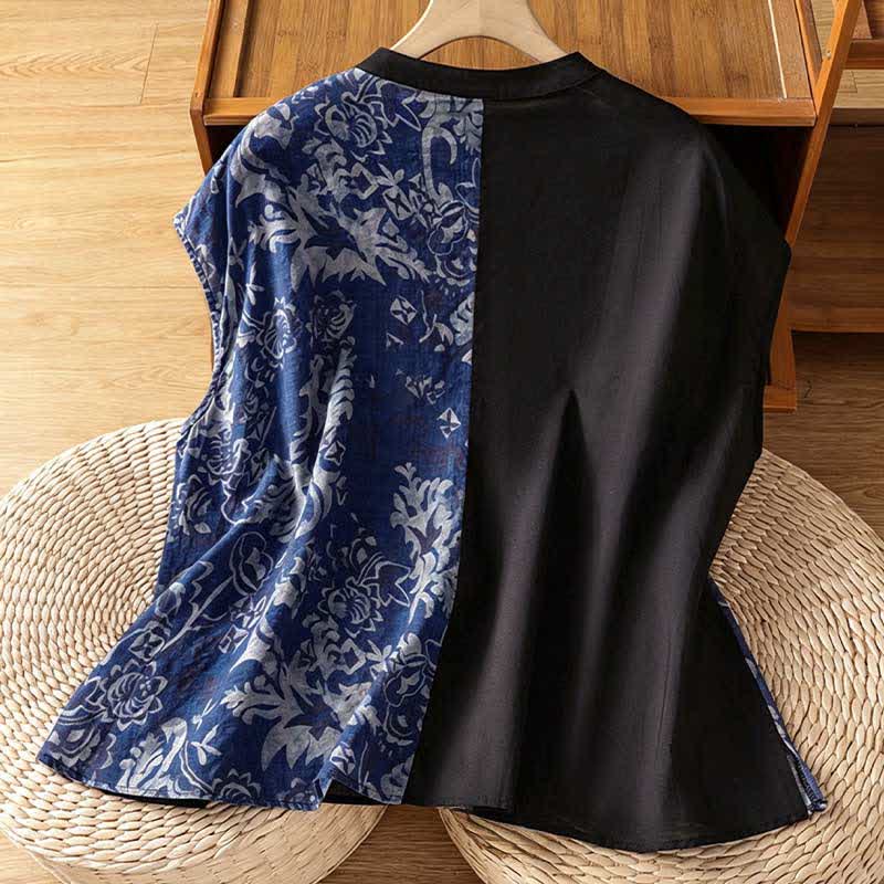 Buddha Stones Summer Minimalist Mandarin Collar Asymmetric Floral Print Women's Sleeveless Shirts - image 8