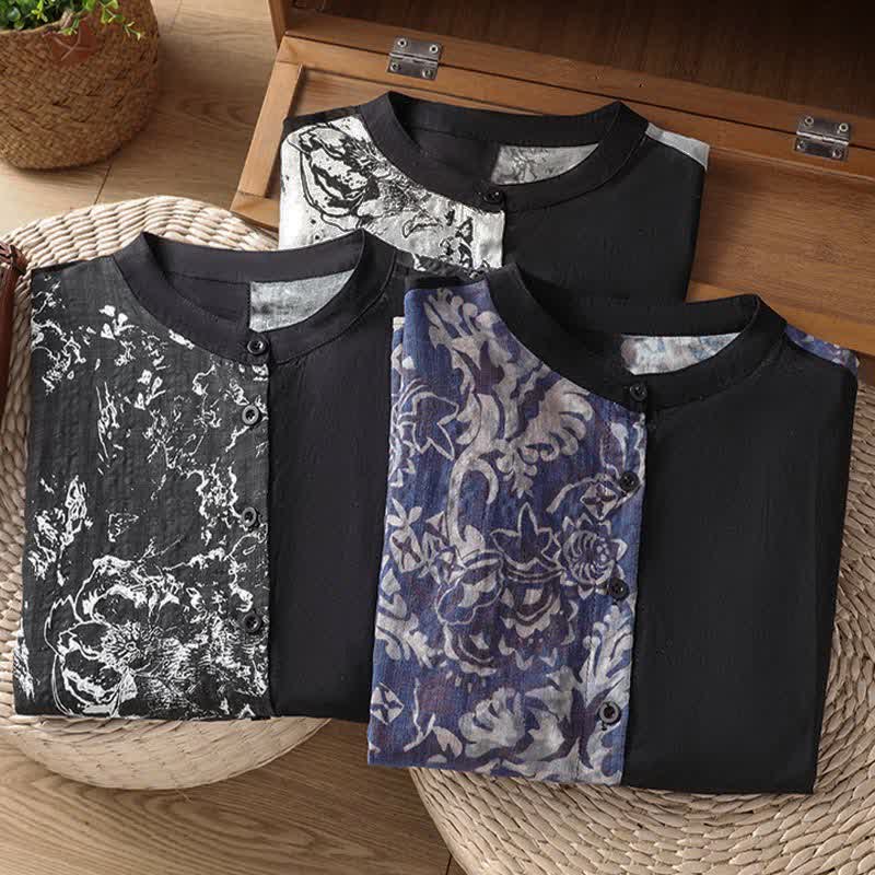 Buddha Stones Summer Minimalist Mandarin Collar Asymmetric Floral Print Women's Sleeveless Shirts - image 20