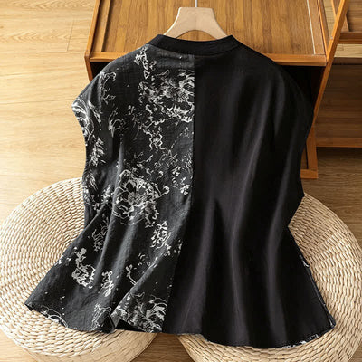 Buddha Stones Summer Minimalist Mandarin Collar Asymmetric Floral Print Women's Sleeveless Shirts - image 14