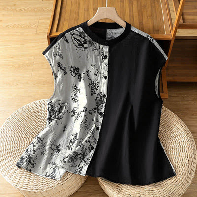 Buddha Stones Summer Minimalist Mandarin Collar Asymmetric Floral Print Women's Sleeveless Shirts - White - US12，UK/AU16，EU44 (2XL) - image 0