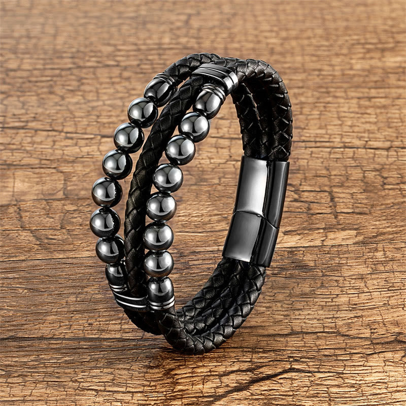 Buddha Stones Tiger Eye Hematite Lava Rock Black Onyx Lazurite Lapis Lazuli Beads Protection Strength Leather Bracelet - Hematite - 18-22cm - image 5