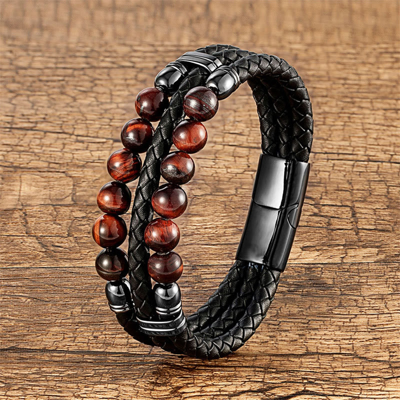 Buddha Stones Tiger Eye Hematite Lava Rock Black Onyx Lazurite Lapis Lazuli Beads Protection Strength Leather Bracelet - Brown Red Tiger Eye - 18-22cm - image 10