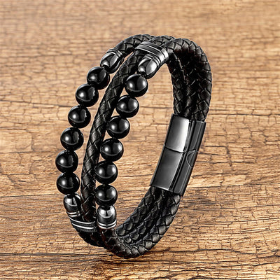 Buddha Stones Tiger Eye Hematite Lava Rock Black Onyx Lazurite Lapis Lazuli Beads Protection Strength Leather Bracelet - Black Onyx - 18-22cm - image 13