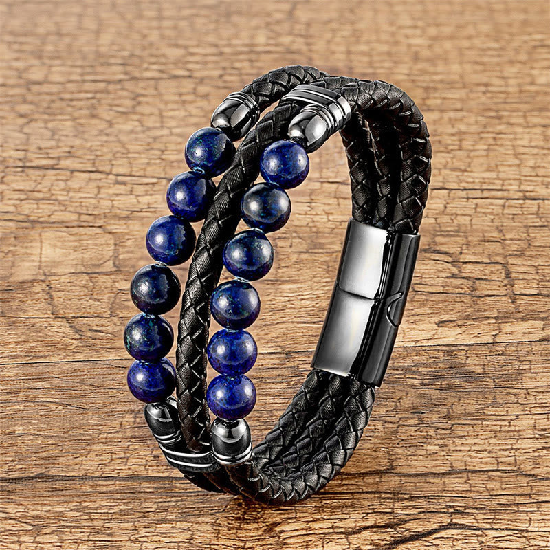 Buddha Stones Tiger Eye Hematite Lava Rock Black Onyx Lazurite Lapis Lazuli Beads Protection Strength Leather Bracelet - Lazurite - 18-22cm - image 17