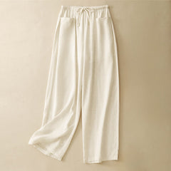 Buddha Stones Summer Minimalist Drawstring Solid Women's Straight Pants With Pockets - Linen - US8-10，UK/AU12-14，EU40-42 (2XL) - image 0