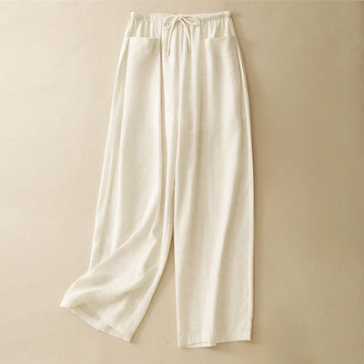 Buddha Stones Summer Minimalist Drawstring Solid Women's Straight Pants With Pockets - Linen - US8-10，UK/AU12-14，EU40-42 (2XL) - image 0