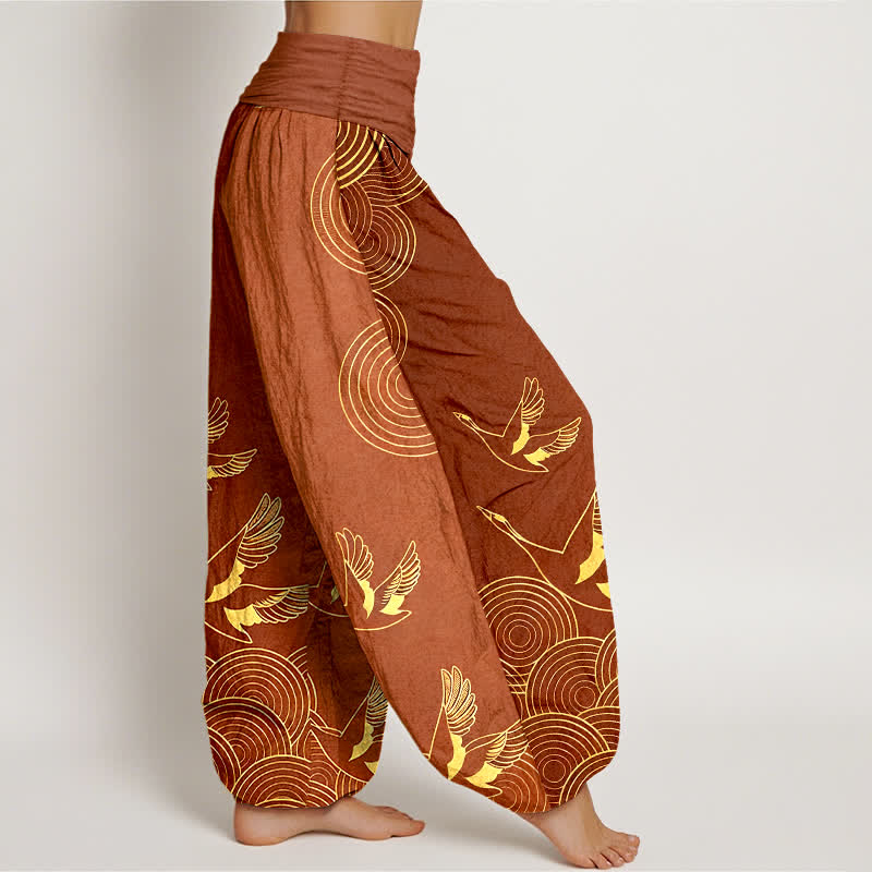 Buddha Stones Cotton Gold Bird Circle Pattern Women's Elastic Waist Harem Pants - image 10