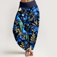 Buddha Stones Pure Cotton Teal Peacock Floral Pattern Women's Elastic Waist Harem Pants - Black - US16，UK/AU20，EU48 (3XL) - image 0