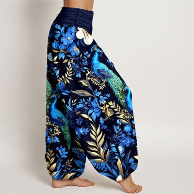 Buddha Stones Pure Cotton Teal Peacock Floral Pattern Women's Elastic Waist Harem Pants - image 2