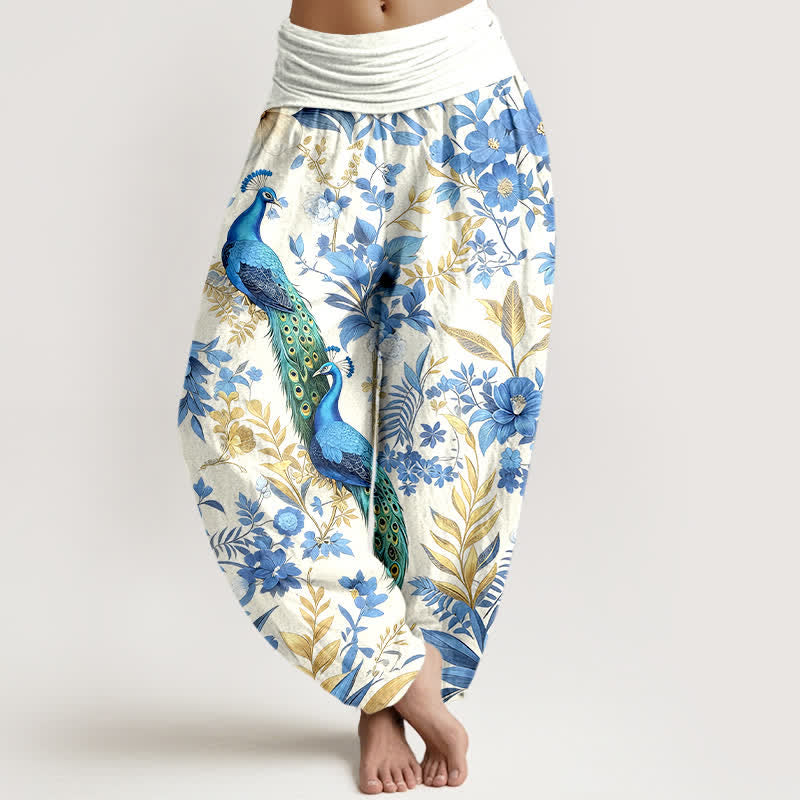 Buddha Stones Pure Cotton Teal Peacock Floral Pattern Women's Elastic Waist Harem Pants - White - US16，UK/AU20，EU48 (3XL) - image 5