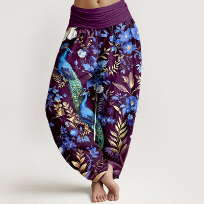 Buddha Stones Pure Cotton Teal Peacock Floral Pattern Women's Elastic Waist Harem Pants - Purple - US16，UK/AU20，EU48 (3XL) - image 8